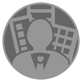 A person with buildings icon in grey